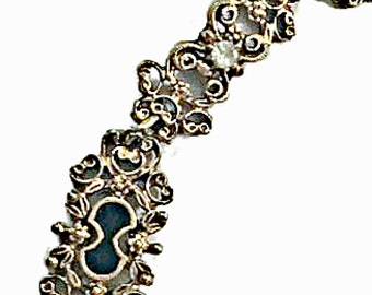 Florenza Rhinestone and Black Enamel Bracelet On Ornate Gold Tone, Designer Signed Vintage Jewelry