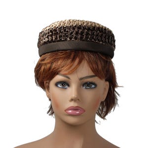 Vintage Pillbox Hat Raffia Straw Woven Dark Brown Tan and Beige w inside Combs