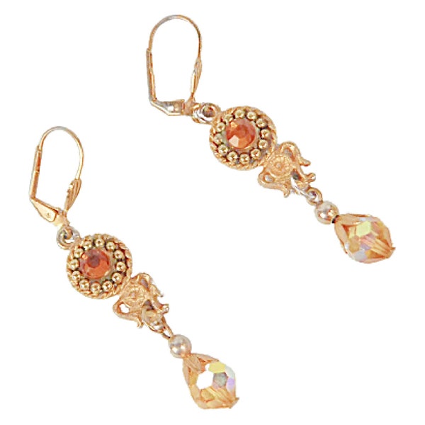 Long Dangle Earrings Citrine Glass Crystal Bead Wires for Pierced Ears Vintage Jewelry