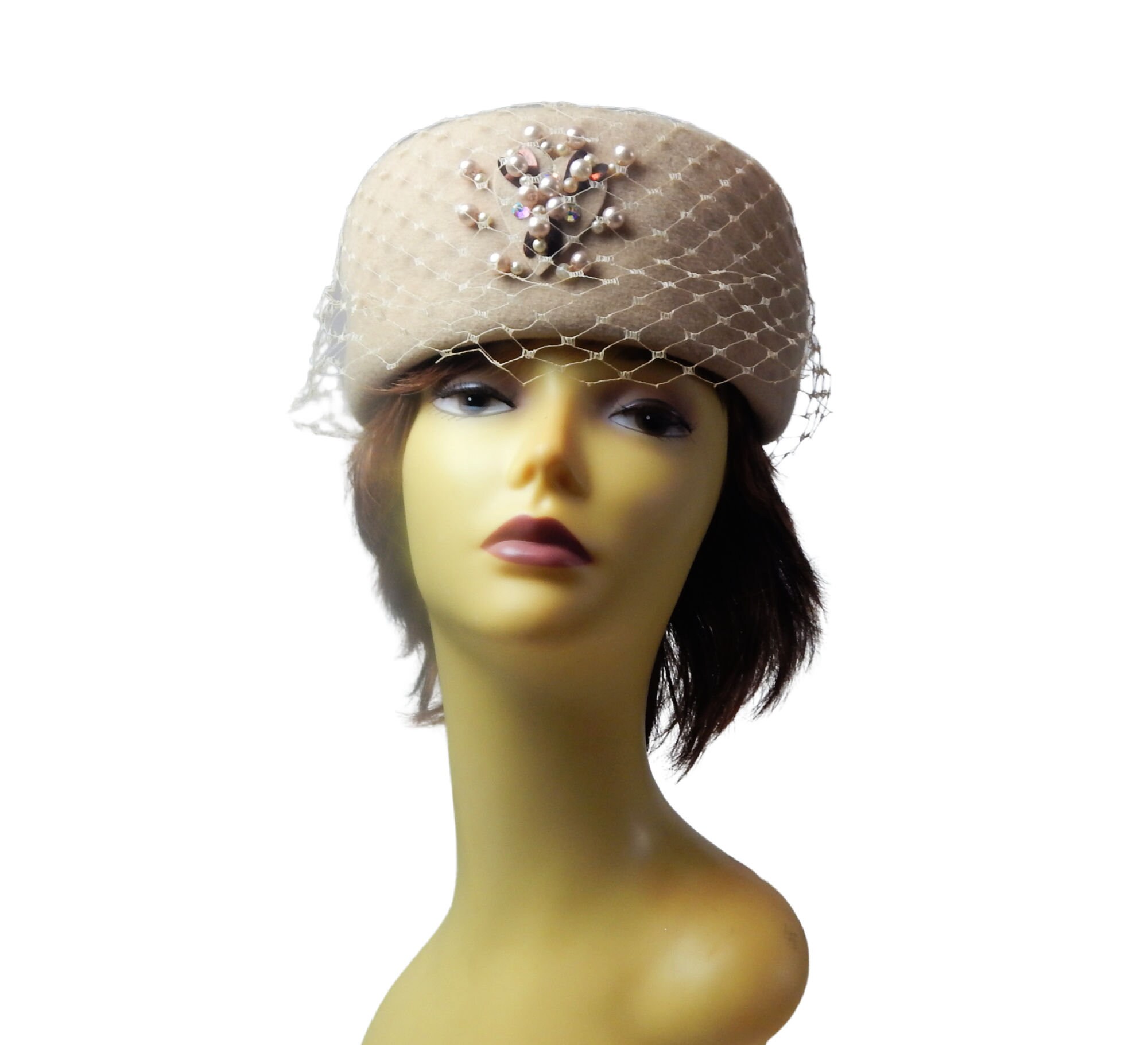 Pillbox Hat with Netting and Pearls and Rhinestones Glenover Etsy
