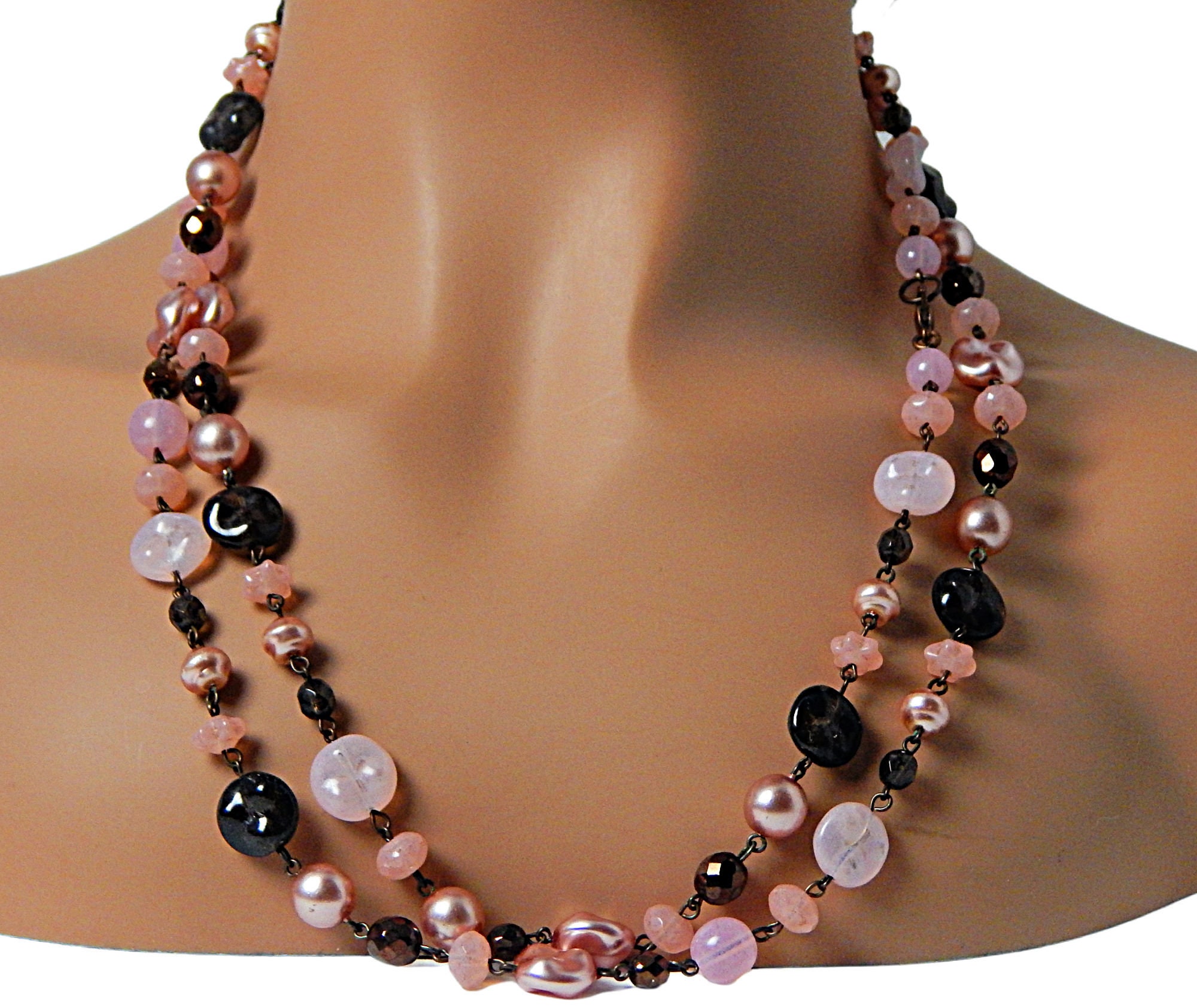 Vintage Art Glass Bead Flapper Necklace: Pink & Brown Copper Chain, 49 Inch