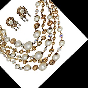 Hobe Multi Strand Necklace and Earrings Chunky Pearl, Gold Bead and Crystal Beads Necklace w Dangle Earrings Designer Signed Vintage Jewelry