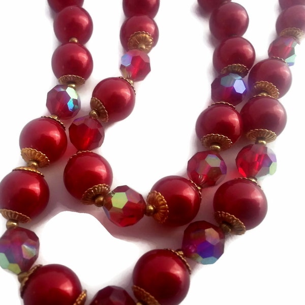 RESERVED FOR GENINE Vintage Double Strand Blood Red Aurora Borealis Bead Necklace