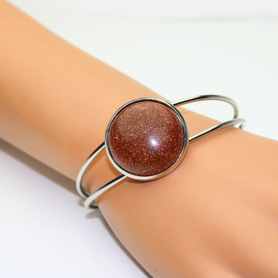 Gold Stone Cuff Bracelet Large Round Glitter Ston… - image 2