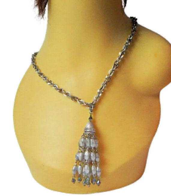 Crown Trifari Beaded Tassel Necklace Chunky Brush… - image 5