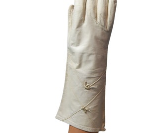 Womens Off White  Leather Gloves  Ladies Leather Forearm Gloves Vintage Fashion