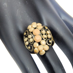 Rhinestone Cocktail Ring, Tan Acrylic Rhinestone Adjustable Ring, Gold Tone Brass, Adjustable, Vintage