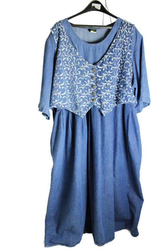 Blue Cotton Denim Maxi Dress w Attached Embroider… - image 1