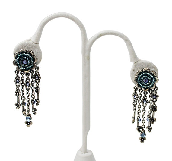 Dangle Blue Rhinestone Flower Earrings Oxidized S… - image 1