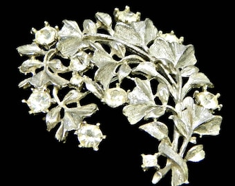 Rhinestone Floral Brooch, Clear Rhinestones in Brushed Silver Tone, Vintage Jewelry, Mid Century, 1960s Era