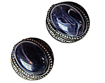 Chunky Earrings Marbled Black Blue and Gray Cabochon in an Ornate Gunmetal Setting  Posts for Pierced Ears Vintage 1980s Jewelry