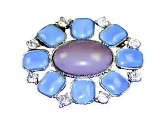 Rhinestone and Art Glass Brooch in Blue and Plum with Clear Rhinestones on Silver Tone Liz Claiborne Vintage Jewelry