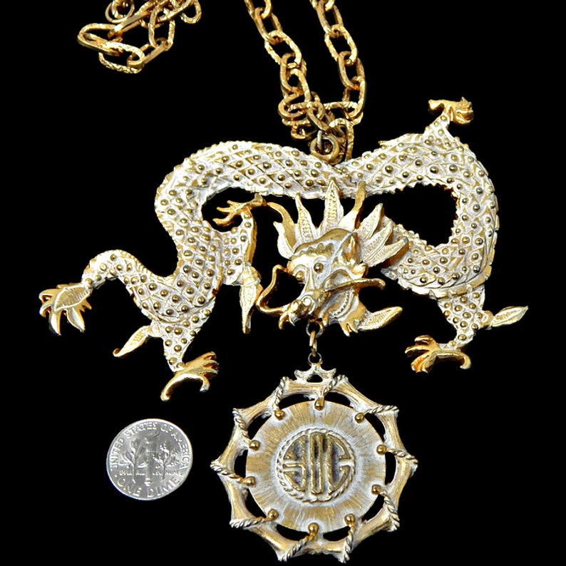 Signed Hobe Chinese Dragon Massive Pendant White Wash Over Gold Tone Statement Necklace Dangle Medallion