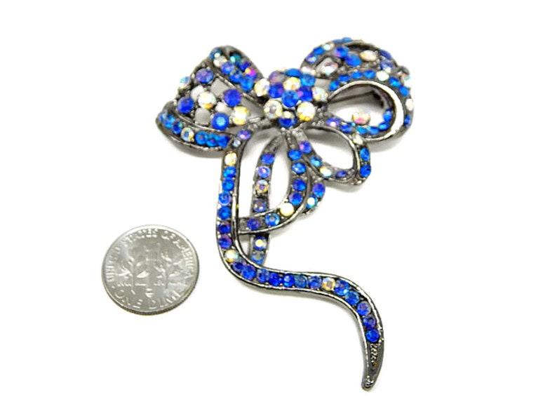 Rhinestone Long Flowing Ribbons and Bow Brooch Blue and Clear Etsy