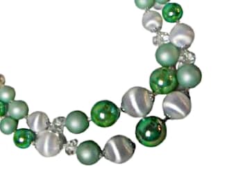 Double Strand Bead Choker Necklace Green and White Signed Japan, Vintage Jewelry