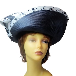 Mr John Classic Statement Hat Lage Black Straw White Trim Blace Beaded Rolled Brim Hat designer  Celebrity Hat  Maker Vintage