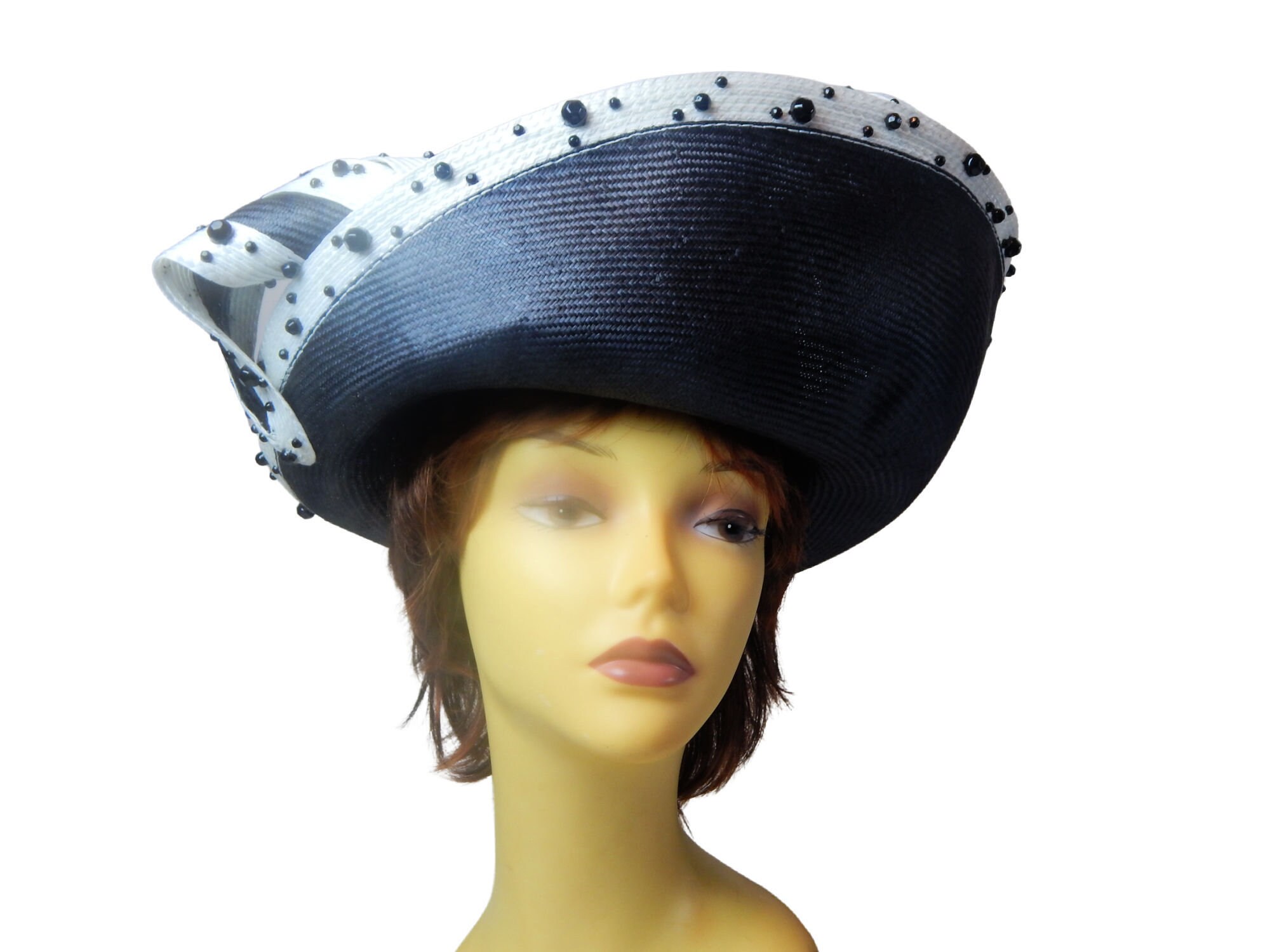 Vintage Mr. John Black Straw Hat: Beaded White Trim, 1960s  display picture 2
