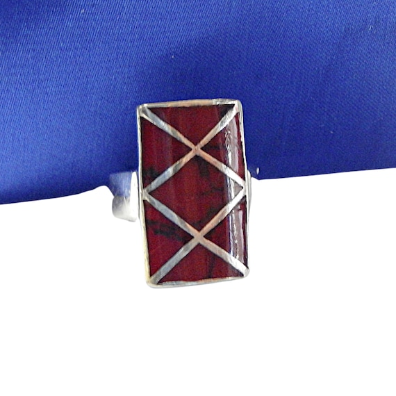 Red Jasper Sterling Silver Statement Ring: 1940s … - image 7