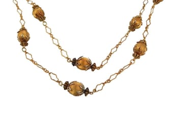 Textured Bead Station Necklace Double Strand Stylized Paper Clip Chain Gold Plate Vintage Jewelry