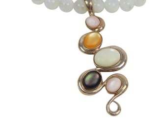 Carolyn Pollack Large Enhancer Pendant Pebble Beach Sterling Silver on Chunky White Quartz Bead Necklace Vintage Jewelry