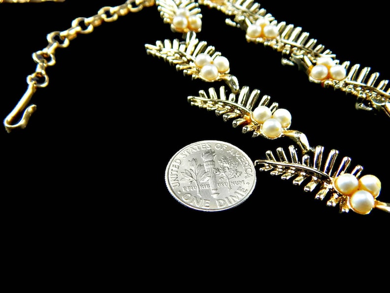 Cut Out Leaves Necklace with White Pearl Berries Gold Tone Signed Coro Vintage Mid Century