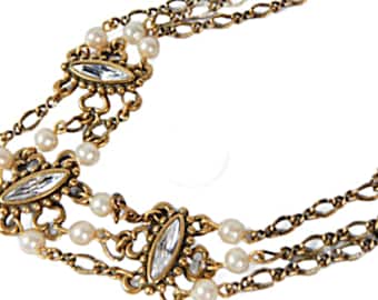 Victorian Style Marquise Rhinestone and Pearl Choker Necklace 3 Strands  White Glass Pearls on Gold Tone  Vintage Jewelry