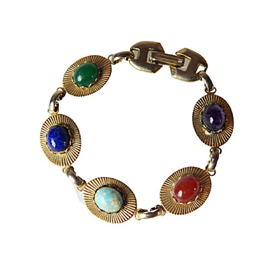 Colorful Natural Gemstone Link Bracelet, Carnelia… - image 1