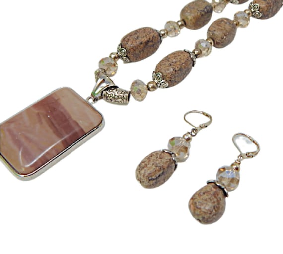 Striped Jasper Jewelry Set Pendant Necklace and D… - image 1