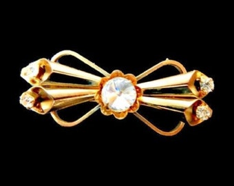 Art Deco Rhinestone Bow Brooch in Gold Tone with Old C Clasp, Vintage Jewelry 1940s