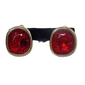 Red Clip On Earrings Framed in Oval Gold Tone, Chunky Faceted Lucite Statement Earrings, Vintage Jewelry