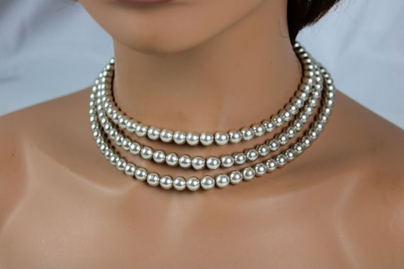 Faux Pearl Choker Necklace Three Strand Silvery G… - image 6