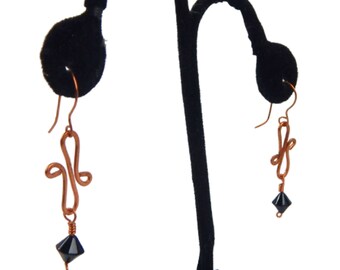 Long Dangle Copper Earrings with Black Glass Crystal Dangle Bead Wires for Pierced Ears Vintage Jewelry