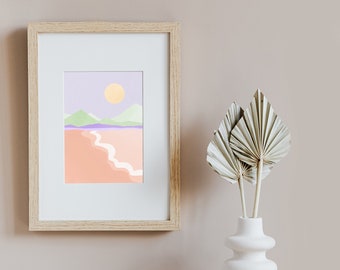 Modern Purple Mountain Landscape, Beach Wall Art, Instant Download, Abstract printable Illustration, Minimalistic, Nature