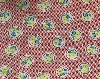 1940s French Floral Cotton Fabric, Red Geometric Print