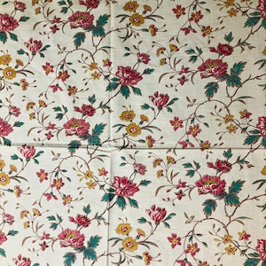 Può includere: Tessuto color crema con un motivo floreale ripetuto. Il design presenta grandi fiori rosa e rossi con foglie verdi, intervallati da fiori gialli e rosa più piccoli e viti marroni.