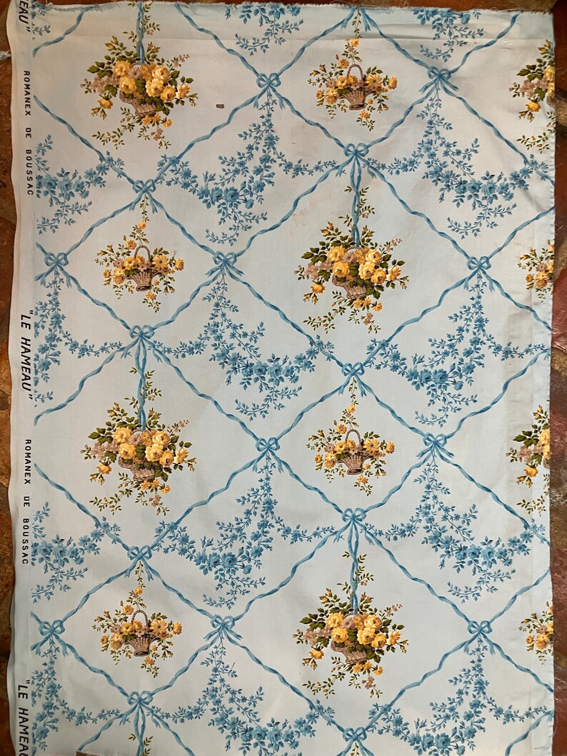 Coupon Tissu Floral Bleu Romanex De Boussac - 335 Cm X 35 Cm - Ancien Occasion