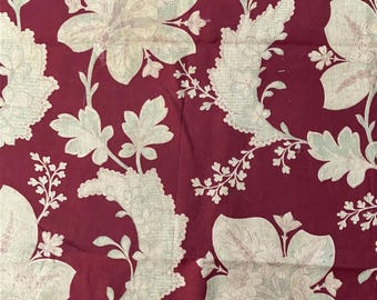 1920s French Floral Fabric Piece, Red Cotton Material