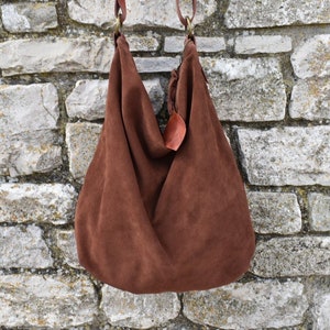 Handmade cognac suede hobo bag with leather shoulder belt