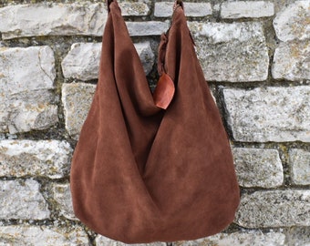 Handmade cognac suede hobo bag with leather shoulder belt