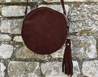 Rounded soft suede brown crossbody bag