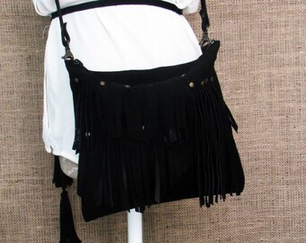 Black suede clutch with fringe