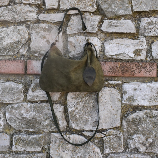 Green suede soft crossbody bag / Mini hobo bag