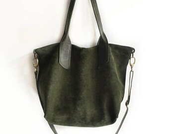 green suede tote bag