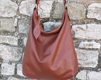 Handmade cognac leather hobo bag