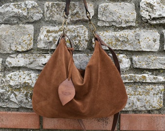 Sac à bandoulière en daim / Sac hobo en cuir / Sac en daim couleur tabac