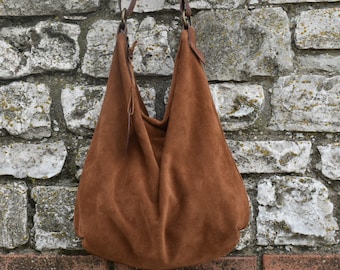 Handmade tobacco brown suede hobo bag with leather shoulder belt