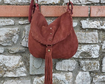 Suede cognac crossbody bag