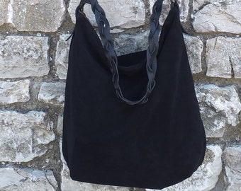 Handmade black suede hobo bag