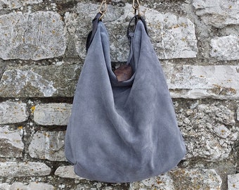Handmade grey suede hobo bag with leather shoulder belt