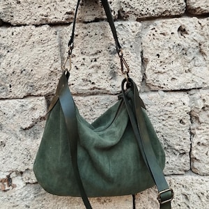 Handmade olive green soft suede hobo bag